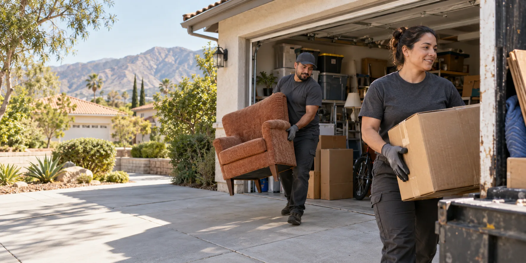 Two-person service crew carrying a chair and box from an open residential garage